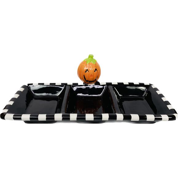 Hallmark Halloween Black Jack-o-Lantern Divided Ceramic Dish Candy or Appetizers - Picture 1 of 7